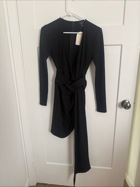 Long-Sleeve Black Knot-Detail Midi Dress